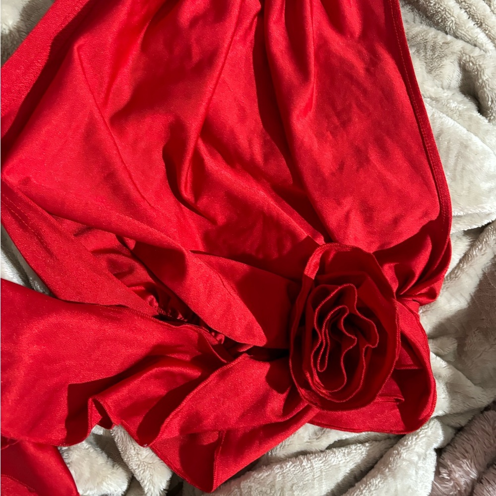 Ruffled Red Blouse with Floral Detail